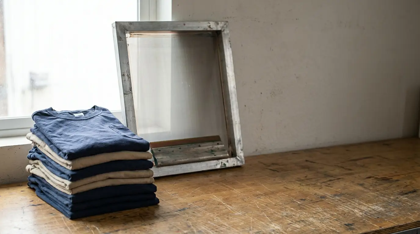 Stack of folded blue and beige shirts on wooden table near window in bright room