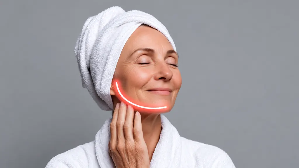Woman in bathrobe smiling with towel on head and LED light therapy device on cheek