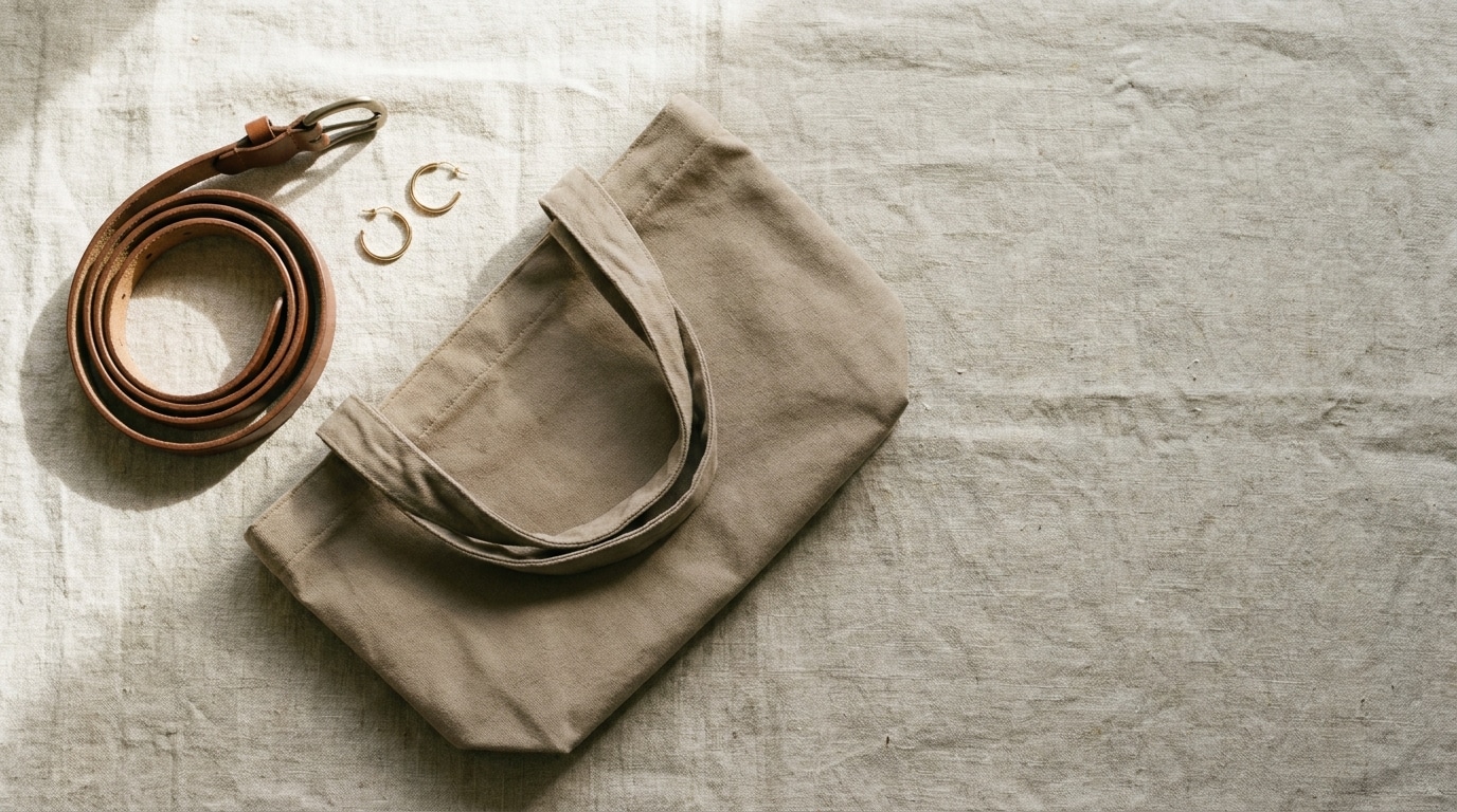 Tan canvas tote bag with brown leather belt and gold hoop earrings on linen fabric