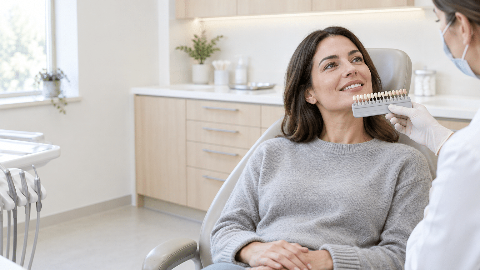 Dental patient in modern office comparing tooth color shades with dentist