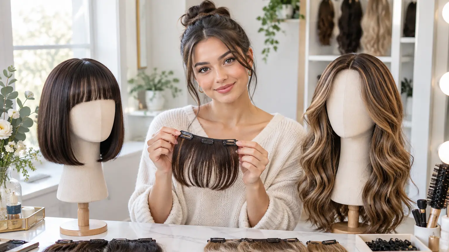 Woman holding hair extensions between two wig mannequins in a bright studio setting