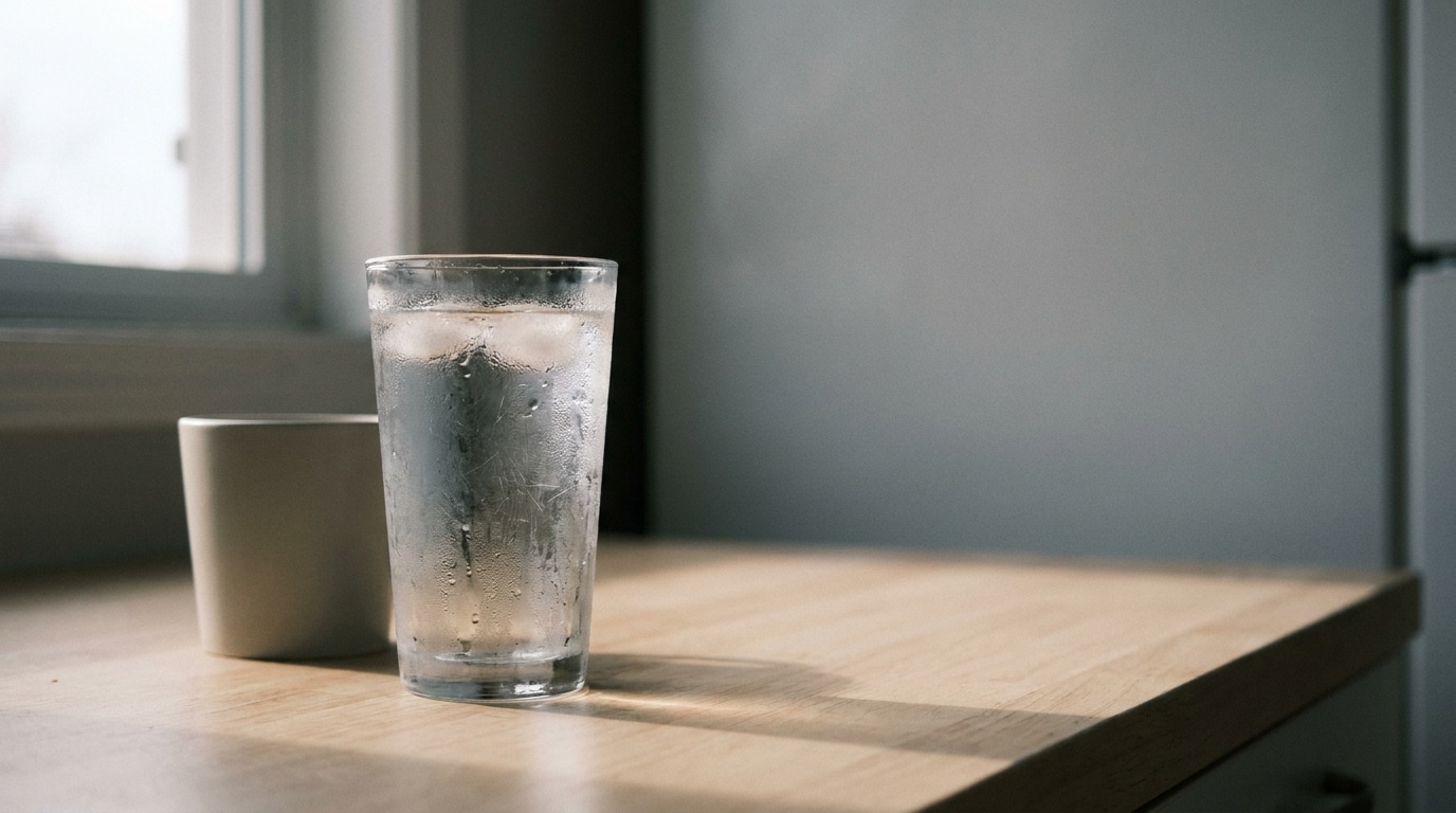 Glass of ice water and ceramic mug on wooden table in soft natural light