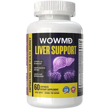 Dietary supplement bottle labeled WOWMD Liver Support with colorful graphics and text symbols